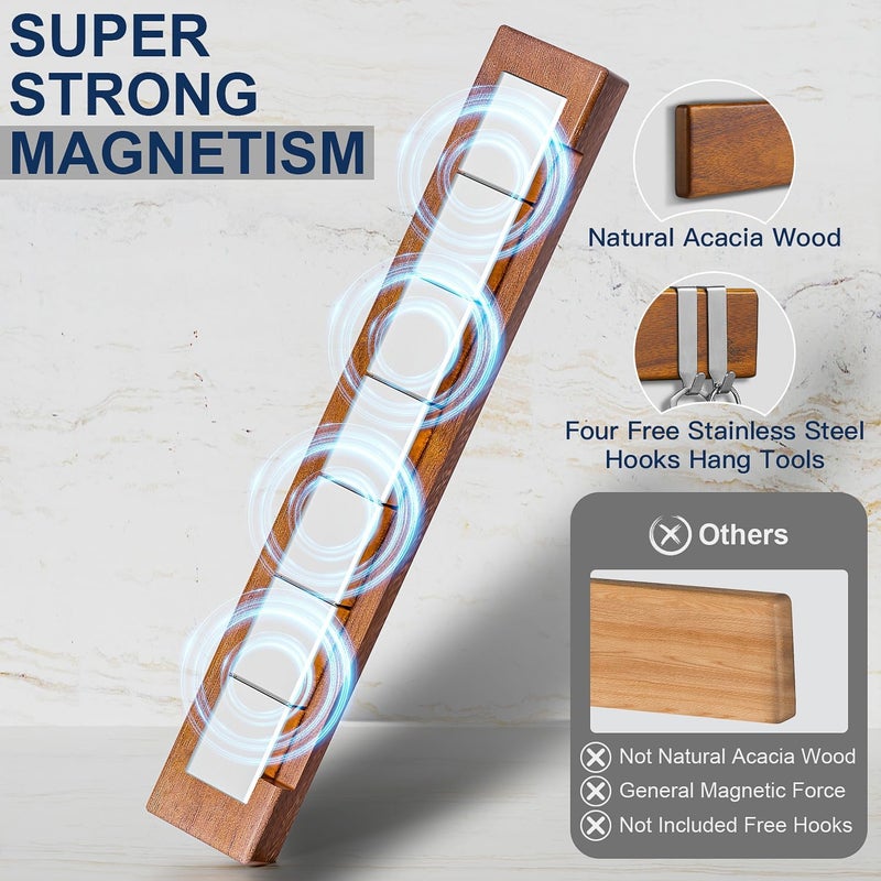 ENOKING 16 Inch Strong Magnetic Knife Holder for Wall, Solid Acacia Wood Knife Bar with 4 Hooks, 3-Way Installation: No-Drill Wall Mount, Screw Mount, & Refrigerator Slip-Proof Magnet Strip - Image 3